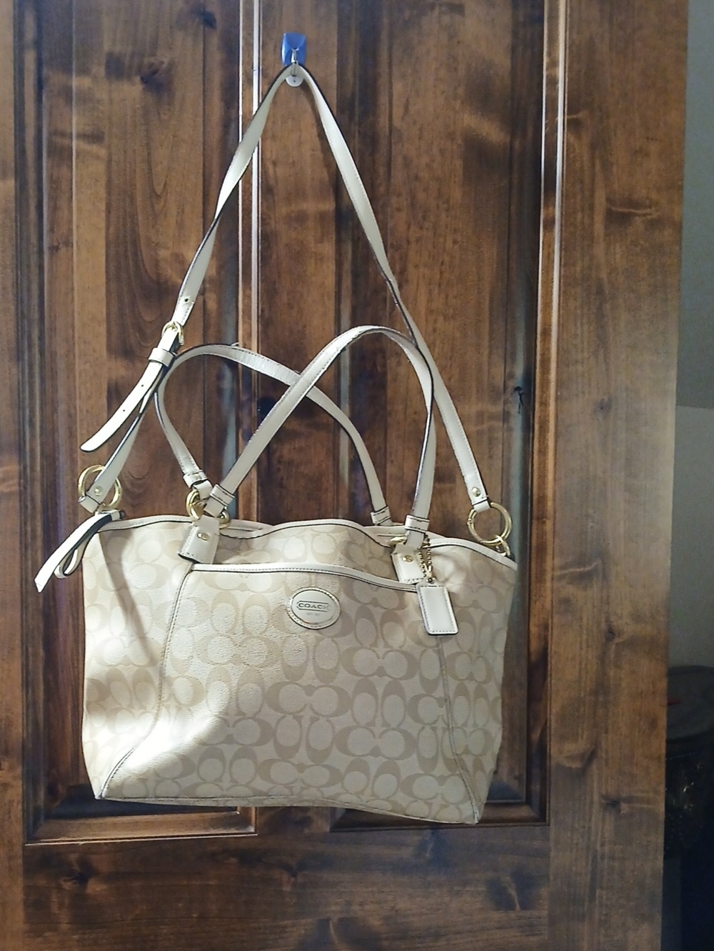 Coach Beige Signature Canvas Crossbody Tote with Gold Hardware